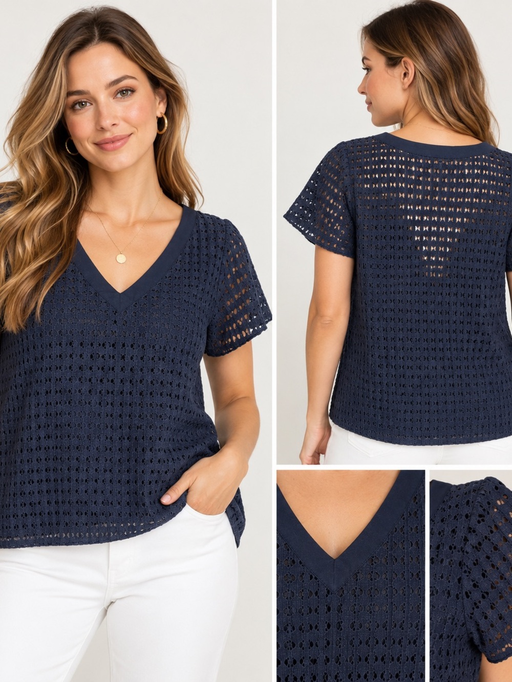 Navy Eyelet Knit Women’s Top - Lightweight Layering Tee